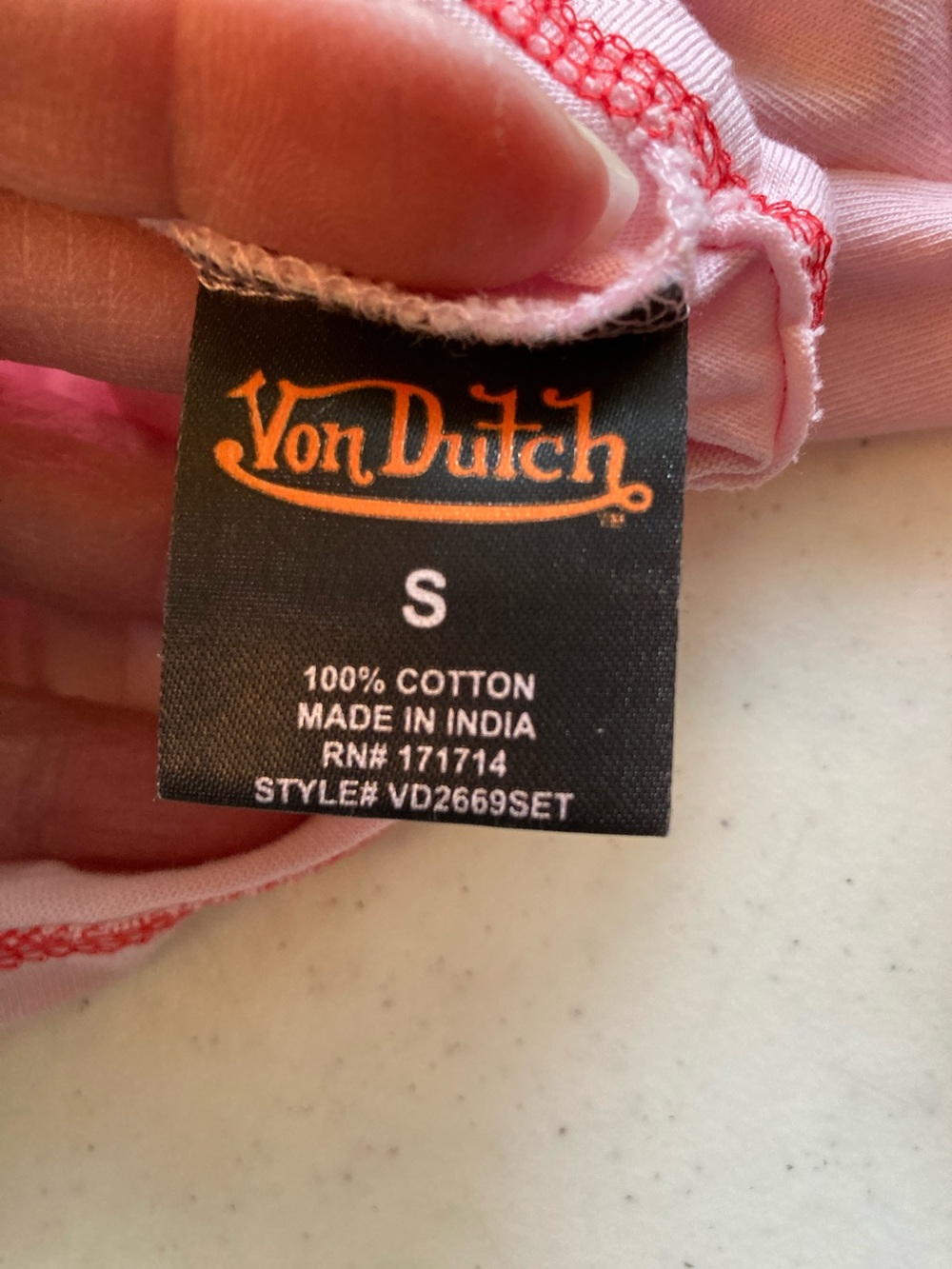 Von Dutch Pink Cropped Henley with Red Trim - Picture 4 of 6